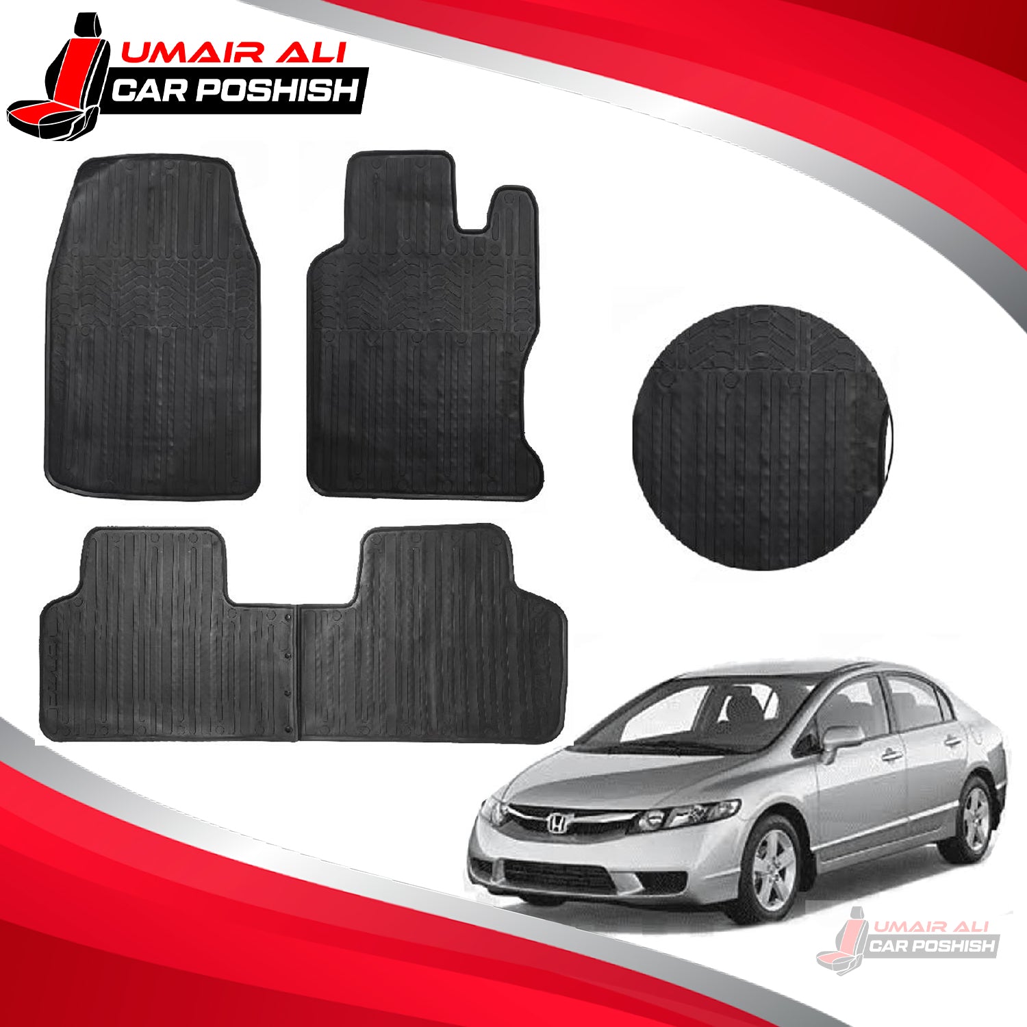Honda Civic Reborn Custom Fit PVC Rubber Floor Mat Black 3 Pcs - Model 2006-2012